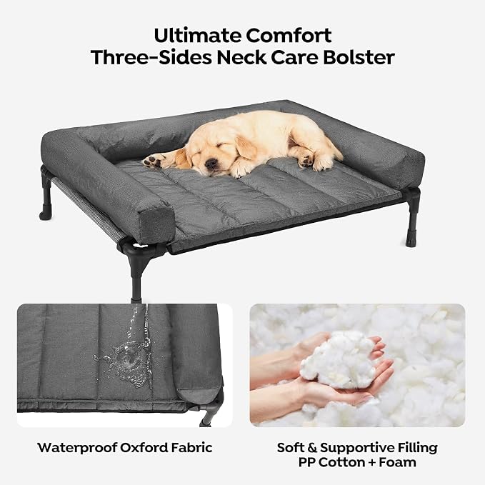 Cooling elevated dog bed, removable cushion, breathable raised cot structure