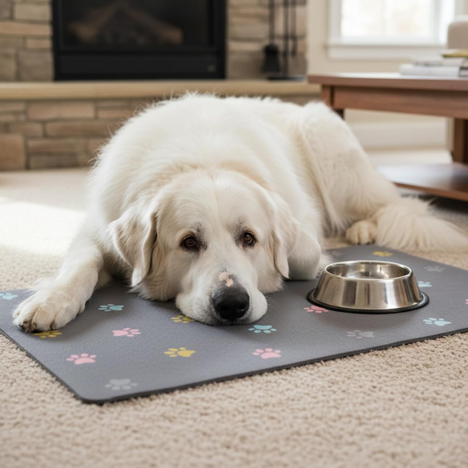 Absorbent non-slip pet bowl mat, quick-dry paw print structure