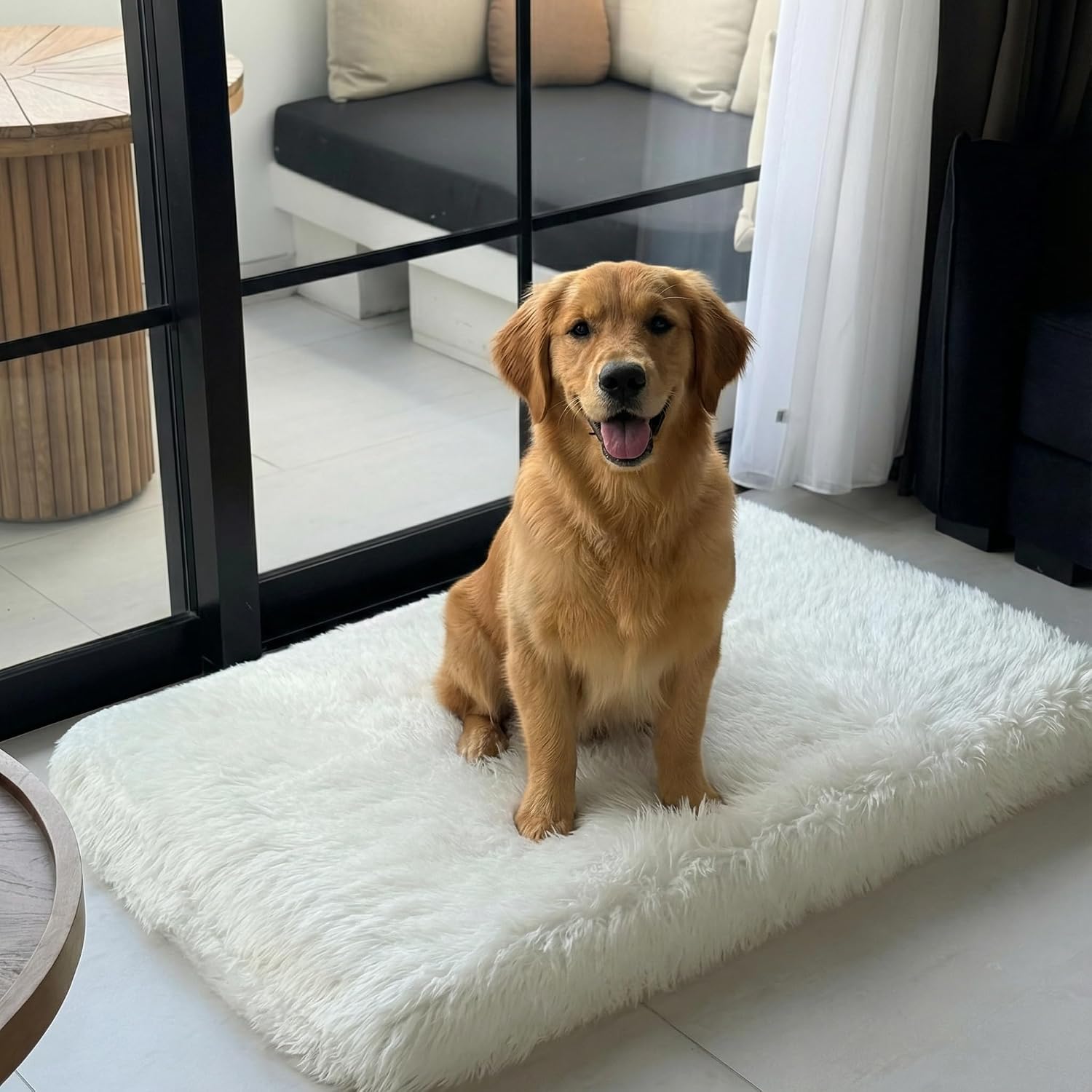 Faux fur dog bed, memory foam crate structure, washable cover structure